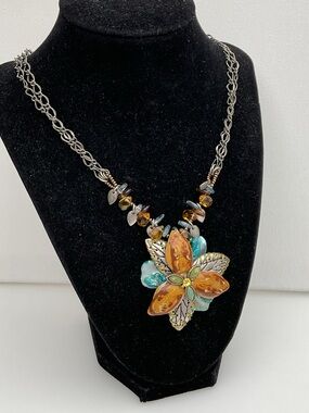 Chico Orange & Turquoise Floral Pendant Necklace